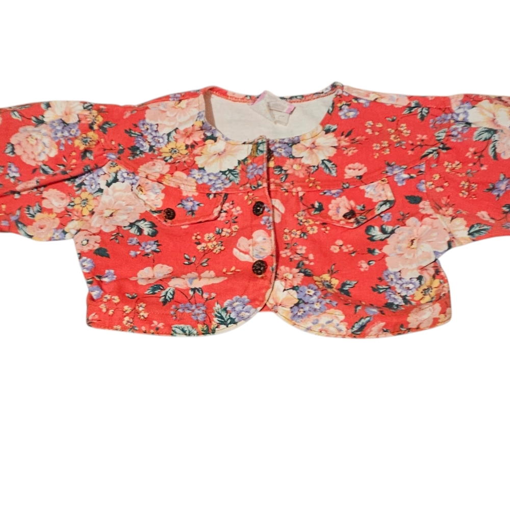 Vintage 90s Pink Soda Girls Floral Denim Bolero Style Jacket